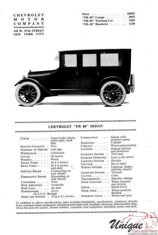 1921 Chevrolet Data Sheets Page 1